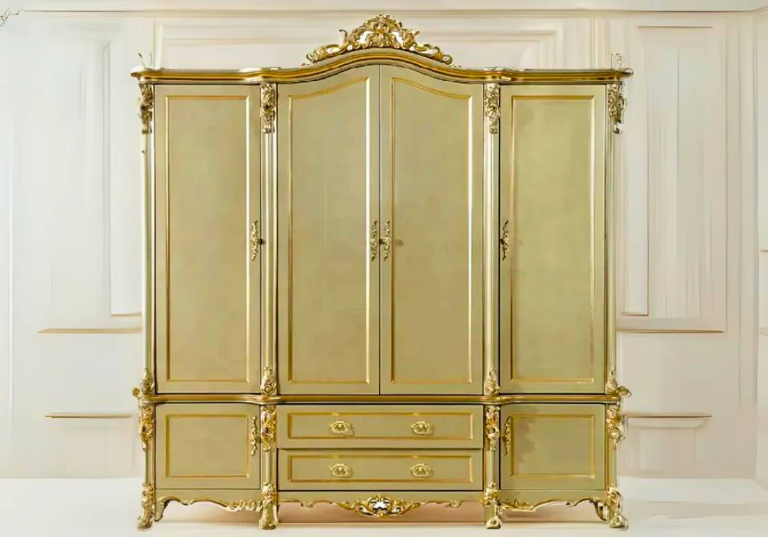 Luxury European-Inspired Hand-Carved Gold Wardrobe