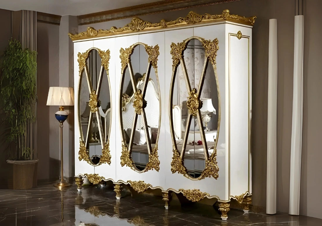 Luxury Hand-Carved Teak Wood Wardrobe with Gold Accents